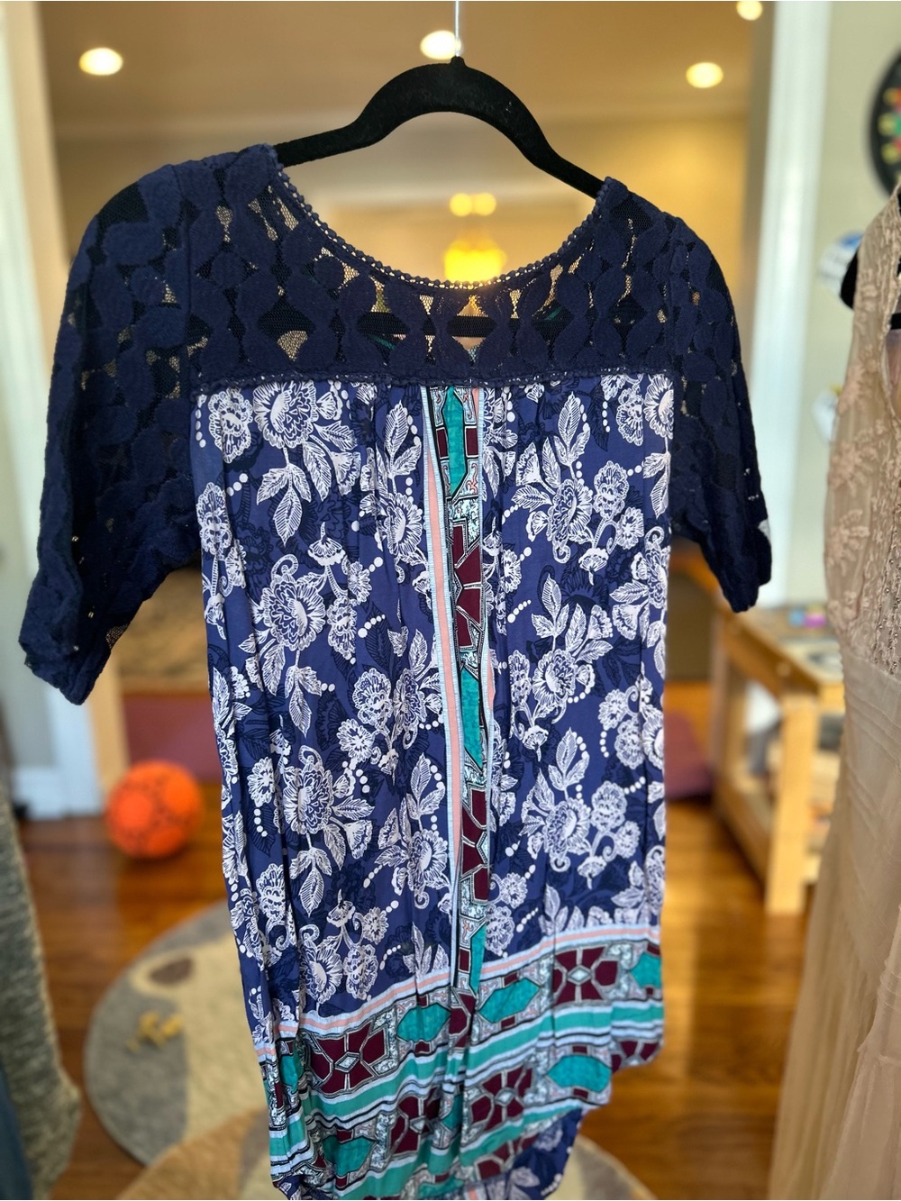 Navy Floral Crochet-Yoke Short Sleeve Blouse